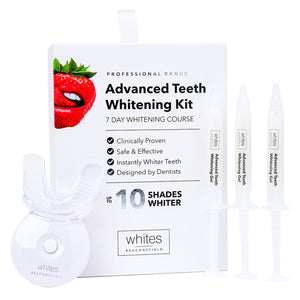 Teeth whitening gels refill pack with 3 syringes next to packaging and UV lamp