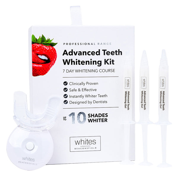 Teeth whitening gels refill pack with 3 syringes next to packaging and UV lamp